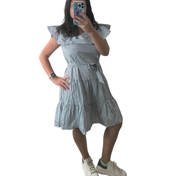 CREMIEUX Off The Shoulder Blue and White Pinstriped Dress - Picture 7 of 14